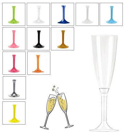 10 PLASTIC FLUTES TRANSPARENT GLASS / COLORED STEM