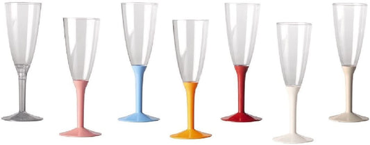 10 PLASTIC FLUTES TRANSPARENT GLASS / COLORED STEM